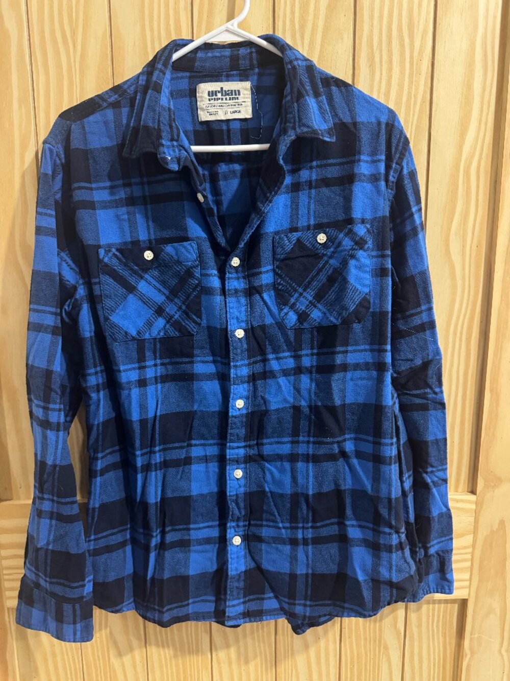 100% Cotton-- Men's Urban Pipeline Blue and Black Plaid Flannel Shirt--L